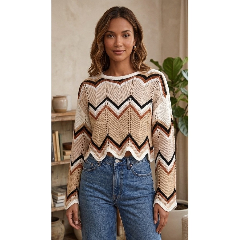 FCT WITH LOVE Chevron Zig Zag Crochet Knit Cropped Sweater Women's S Tan‎ Brown